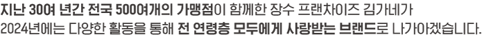 지난 25년간 전국 400여개의 가맹점이 함께한 장수 프랜차이즈 김가네가 2018년에는 다양한 활동을 통해 전 연령층 모두에게 사랑받는 브랜드로 나아가겠습니다.